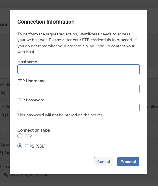 WordPress Ask for FTP Credentials